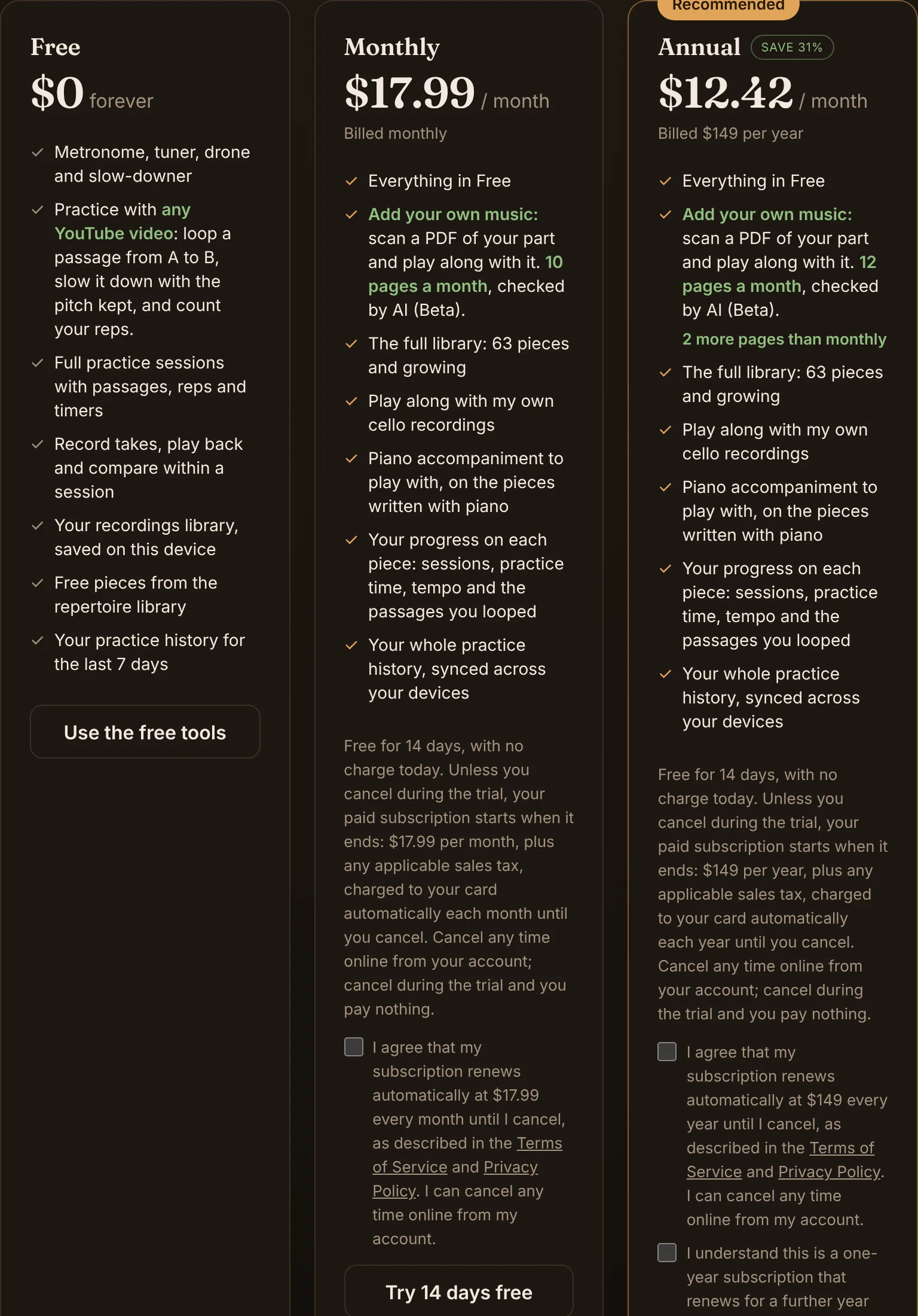 The three plan cards on the Pricing page: Free at $0 forever, Monthly at $17.99 a month, and Annual at $12.42 a month billed $149 per year, each listing what it includes.