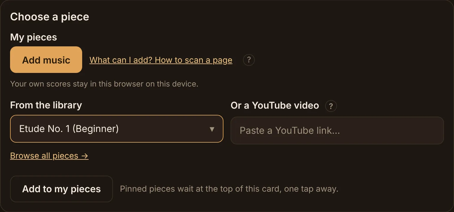 The Choose a piece card on the Practice page: My pieces with the Add music button, the From the library picker showing Etude No. 1, the YouTube link field, and Add to my pieces.