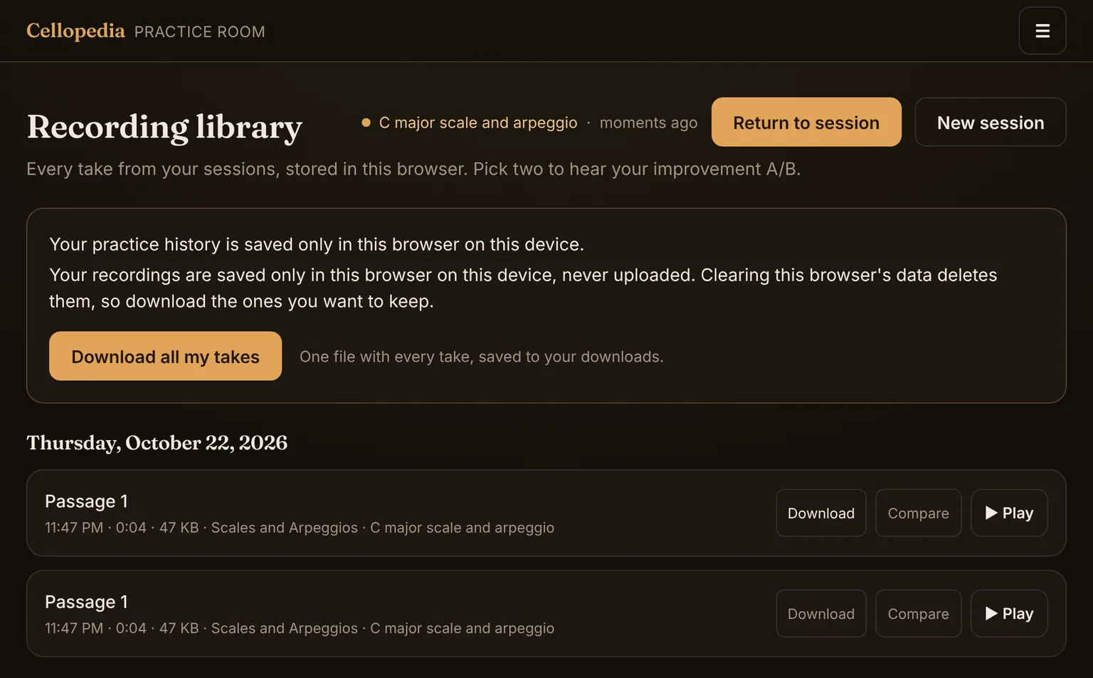 The Recording library page with its notice that practice history and recordings are saved only in this browser on this device, the Download all my takes button, and two takes listed.