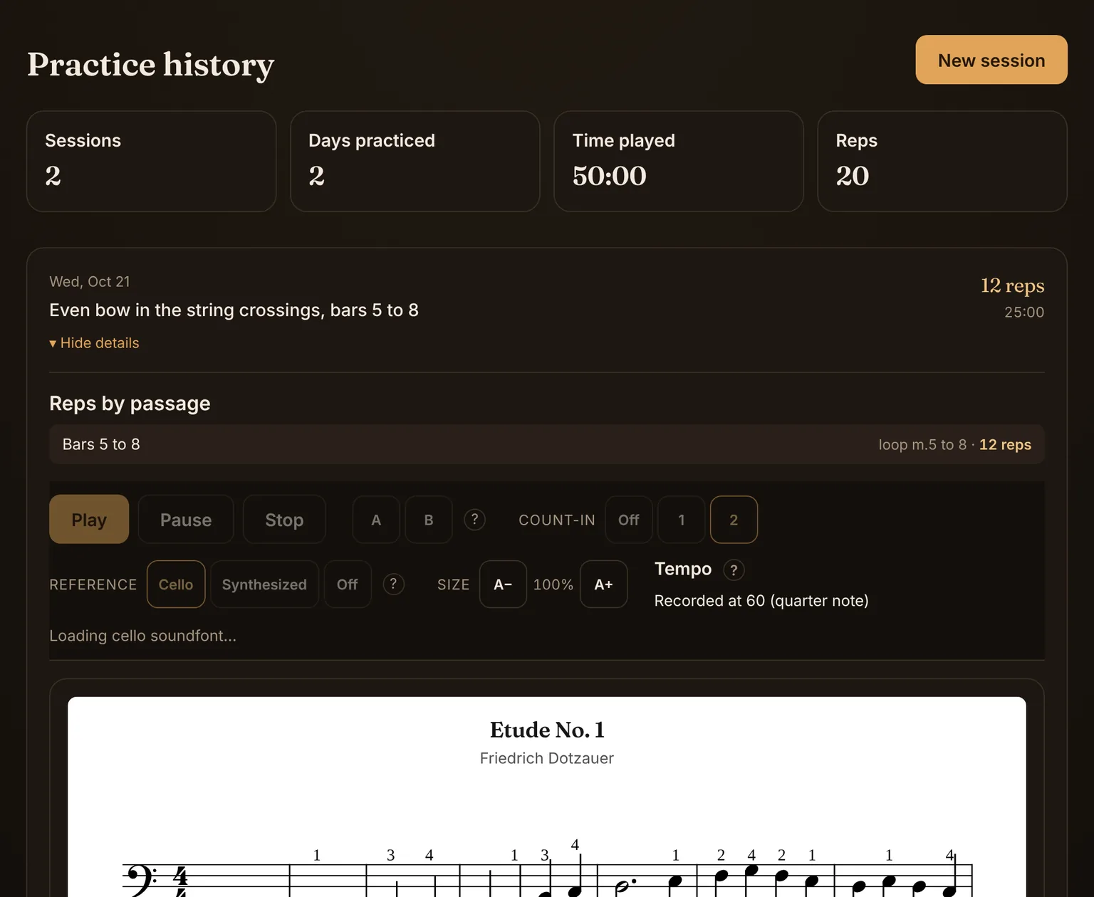 The Practice history page: totals for Sessions, Days practiced, Time played and Reps, and one session opened to show Reps by passage and the score it was practiced on.