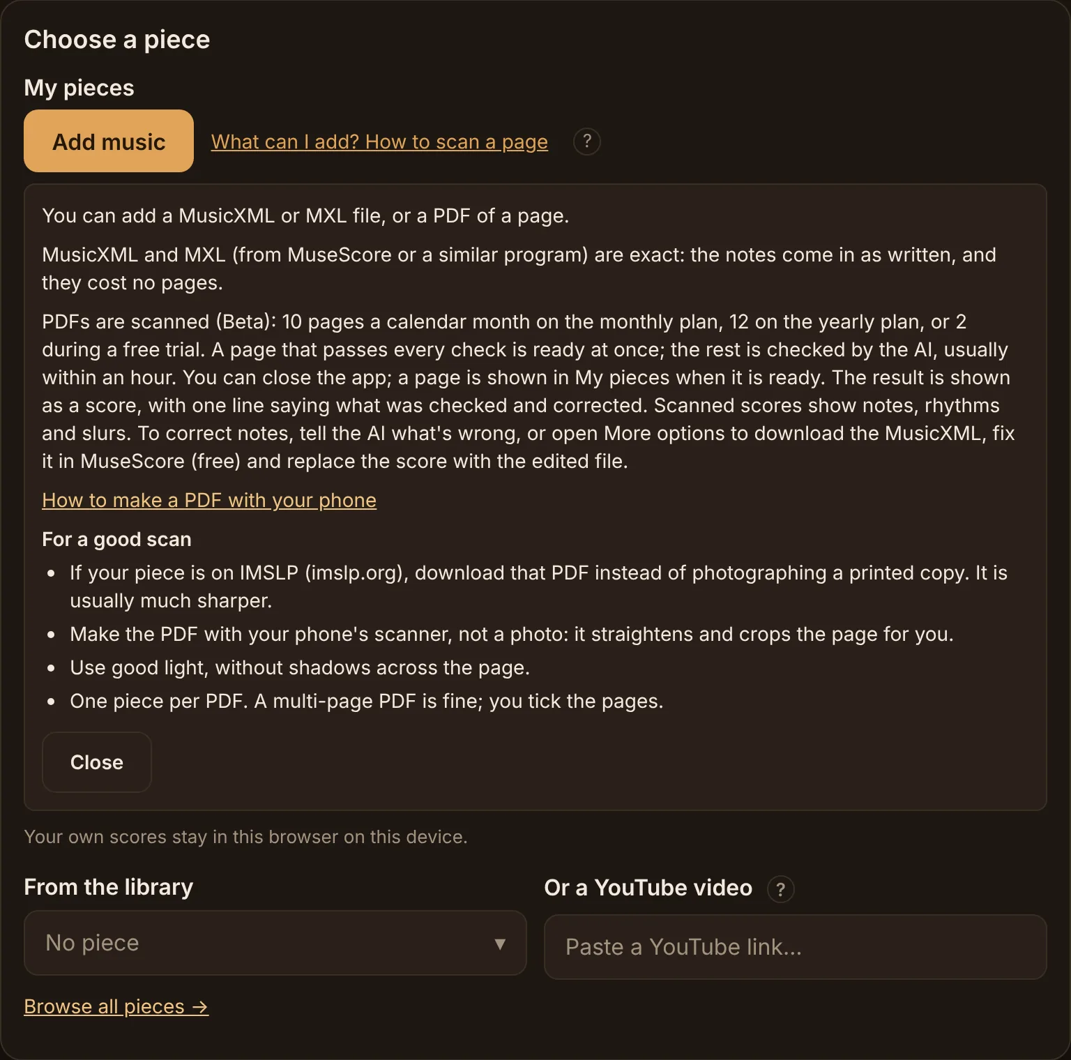 The Choose a piece card with the Add music button and the What can I add help text open, listing MusicXML and MXL files, scanned PDFs with the pages by plan, and tips for a good scan.