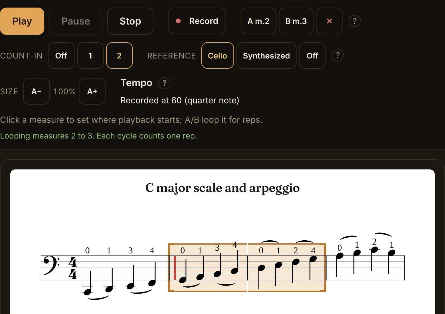 The controls above the C major scale with Count-in set to 2 and the line Looping measures 2 to 3, and the first line of the score with bars 2 and 3 shaded by the loop.