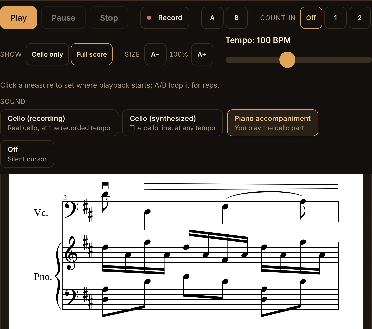 The Boccherini Minuet as a full score with the piano staves under the cello, Full score chosen under Show, Piano accompaniment chosen under Sound, and the tempo slider at 100 beats per minute.