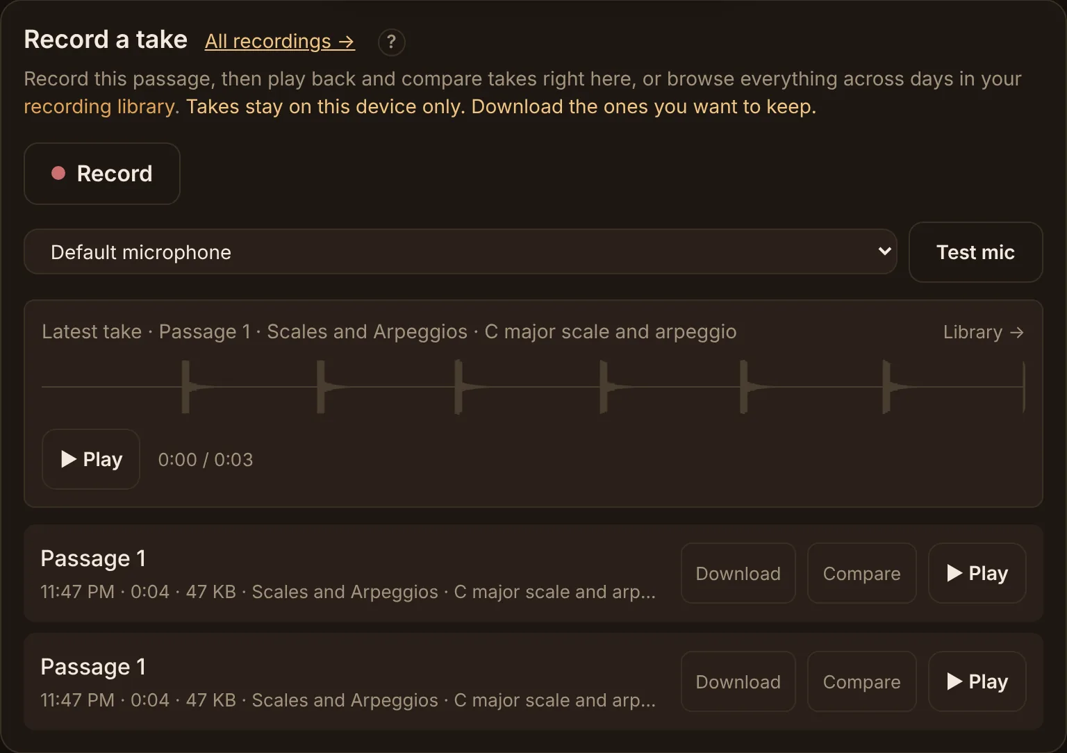 The Record a take card: the Record button, the microphone selector with Test mic, the latest take with its waveform and Play button, and two takes listed with Download, Compare and Play.