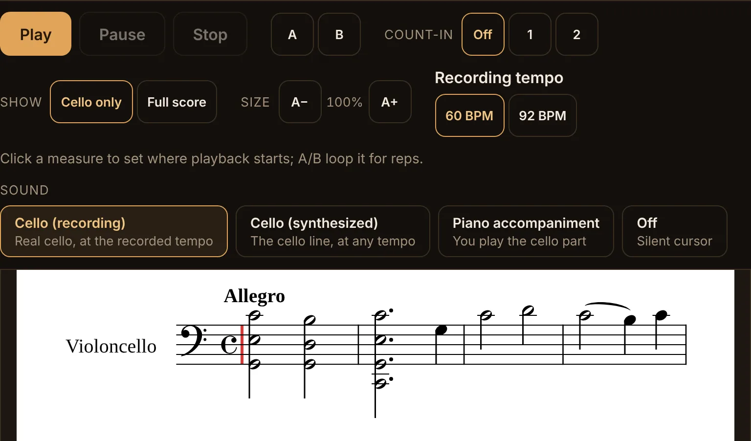 The controls above the Breval Sonata with Recording tempo offering 60 BPM and 92 BPM, Cello (recording) chosen under Sound, and the first line of the score.