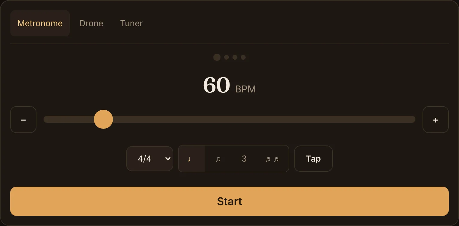 The tools card in the room on the Metronome tab: 60 BPM, the tempo slider, the meter and subdivision choices, Tap, and the Start button, with Drone and Tuner tabs beside it.